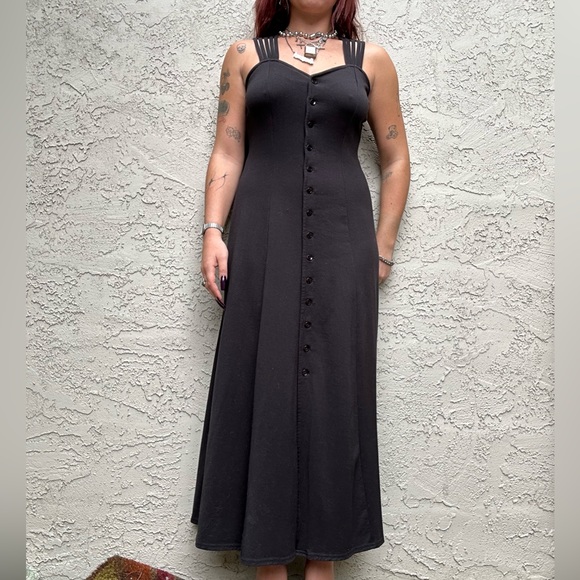 Vintage Black Maxi Dress with Button Details - Picture 2 of 10